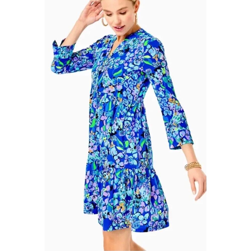 LILLY PULITZER ALAINA DRESS 3/4 SLEEVE BLUE GROTTO TWILIGHT TROPICS small $118 - Picture 2 of 9